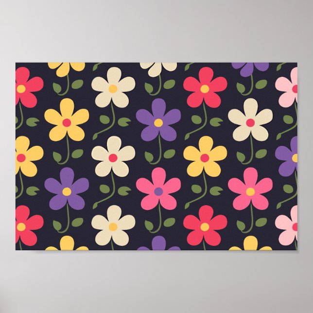 Colourful Floral Pattern on Dark Background Poster (Front)