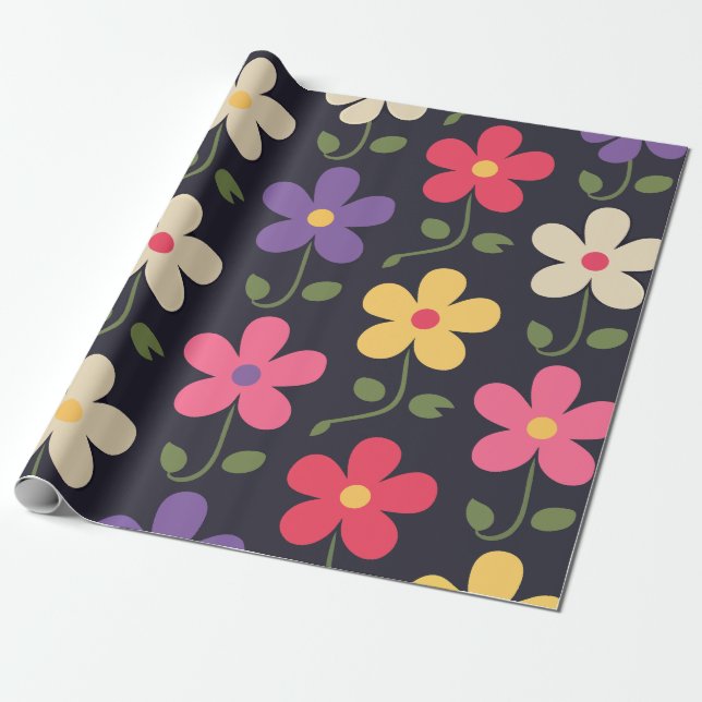 Colourful Floral Pattern on Dark Background Wrapping Paper (Unrolled)