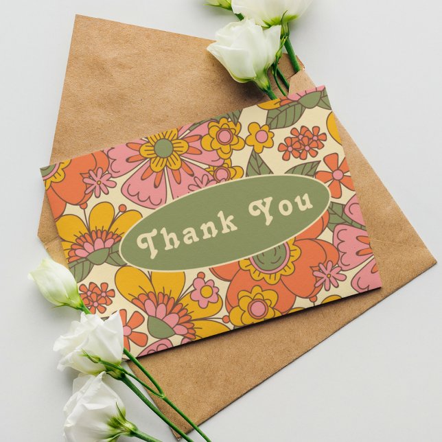 Colourful Floral Pattern Retro Boho 70s Wedding Thank You Card (Creator Uploaded)