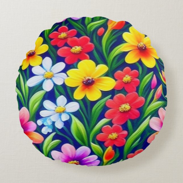 Colourful floral pattern round cushion (Front)