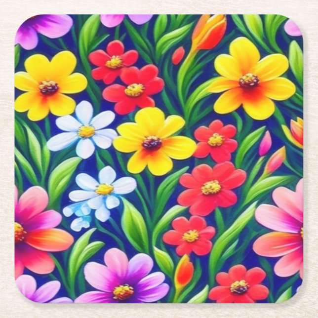 Colourful floral pattern square paper coaster (Front)