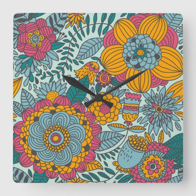Colourful floral pattern square wall clock (Front)
