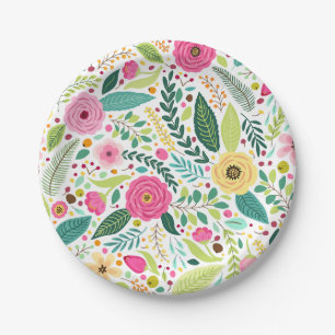 Colourful floral pattern with pink, yellow paper plate