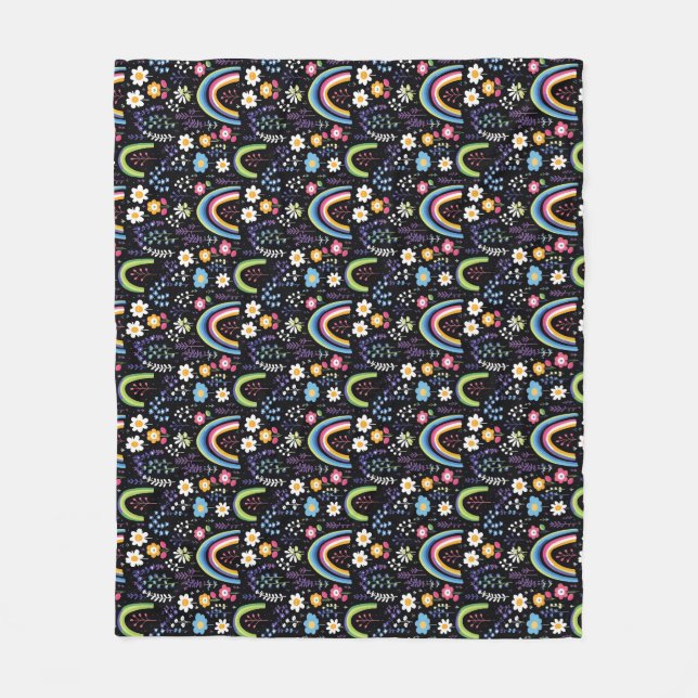 Colourful Floral Pattern with Rainbows and Trees Fleece Blanket (Front)