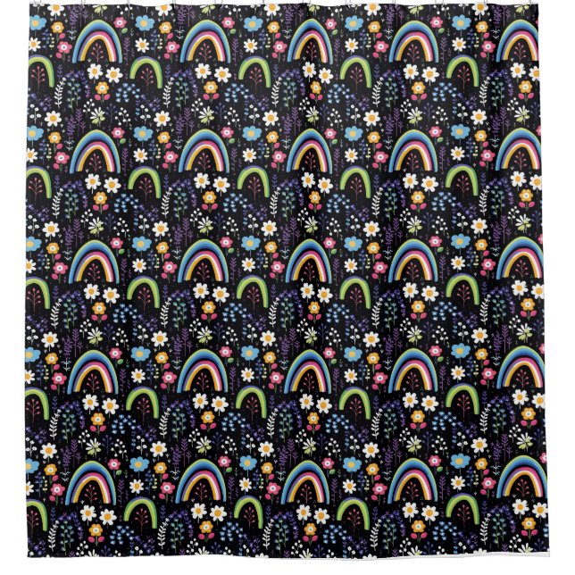Colourful Floral Pattern with Rainbows and Trees Shower Curtain (Front)