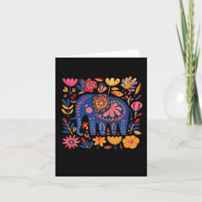 Colourful Floral Patterned Elephant Illustration  Card (Front)