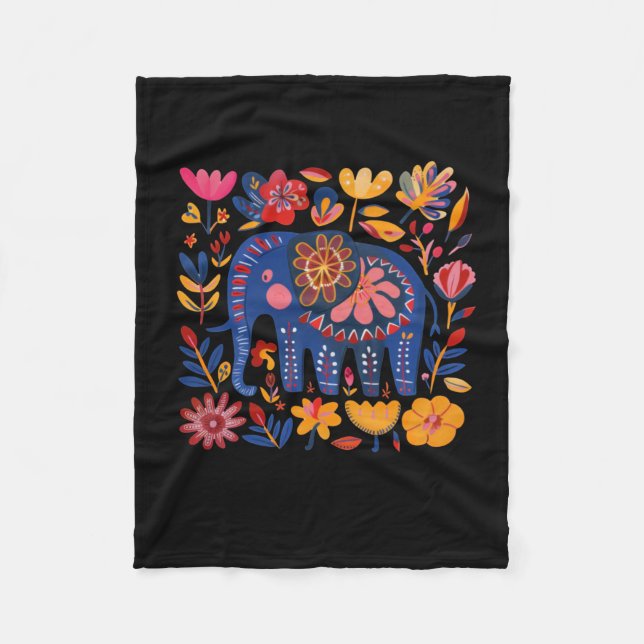 Colourful Floral Patterned Elephant Illustration  Fleece Blanket (Front)