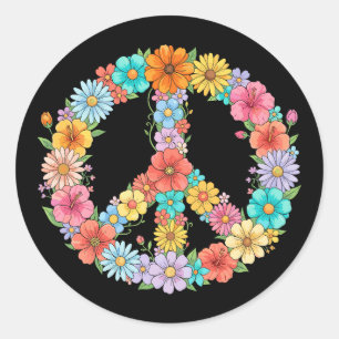 Colourful Floral Peace Sign Hippie Retro Flower Classic Round Sticker