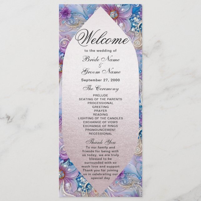 Colourful Floral Pearly Gems Wedding Program Programme (Front)