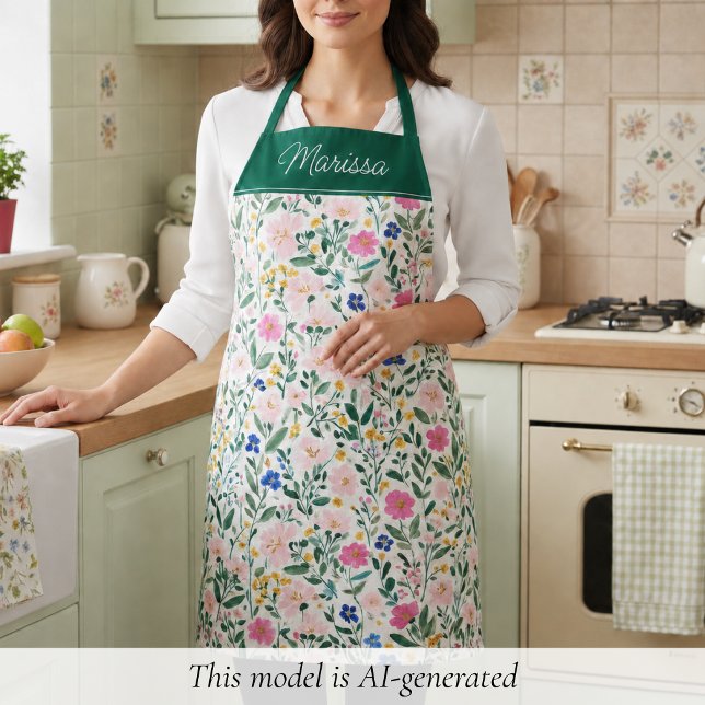 Colourful Floral Personalised  Apron (elegant colorful floral apron with monogram name in script, personalized gift for foodies and chefs )