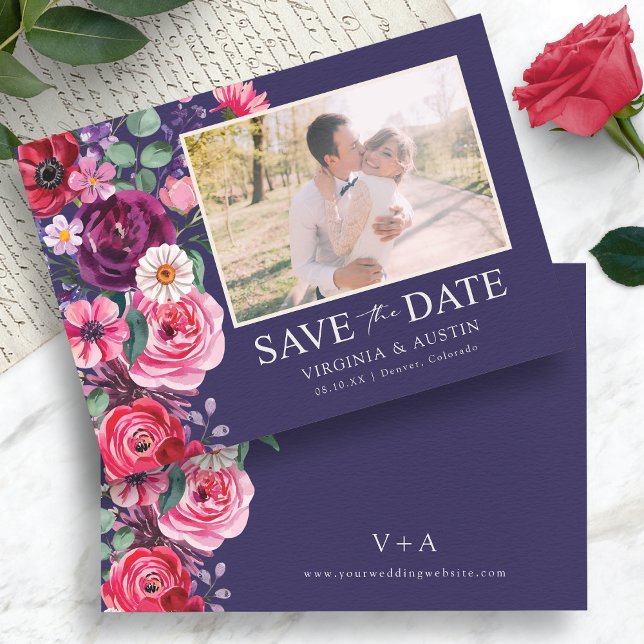 Colourful Floral Photo Save The Date (Colorful Floral Photo Save The Date Card Monogrammed by Painted Paperie
)