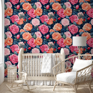 Colourful Floral, Pink, Red, Roses Pattern Wallpaper
