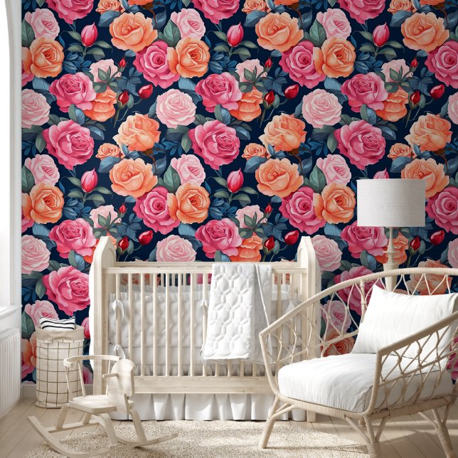 Colourful Floral, Pink, Red, Roses Pattern Wallpaper (Kids)