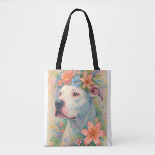 Colourful Floral Pit Bull Portrait All-Over Print Tote Bag