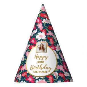 Colourful Floral Print Custom Photo Happy Birthday Party Hat
