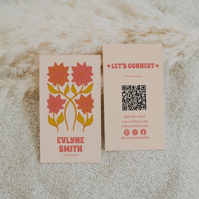 Colourful Floral QR Code Groovy Terracotta Boho Business Card (Creator Uploaded)