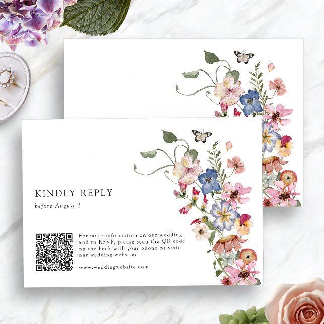 Colourful Floral QR Code RSVP Card (Colorful Watercolor Floral QR Code RSVP Card by Painted Paperie)