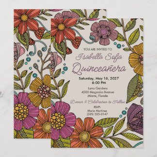 Colourful Floral Quinceañera Vibrant Folk Flowers Invitation