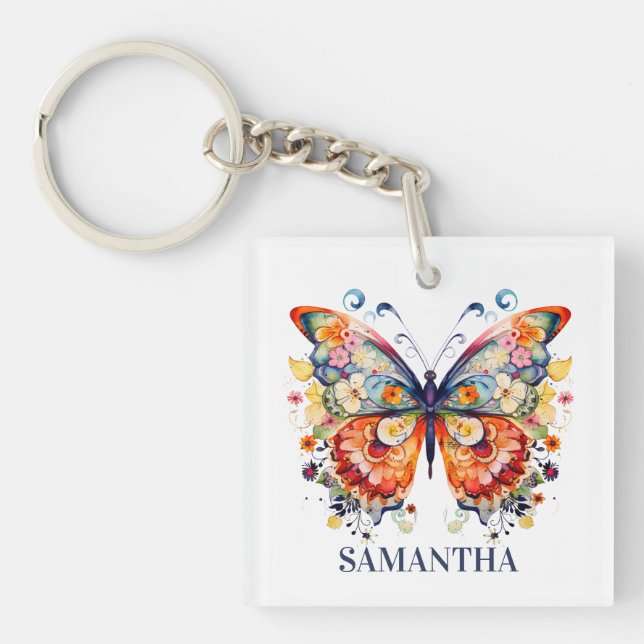 Colourful Floral Retro Butterfly Key Ring (Front)