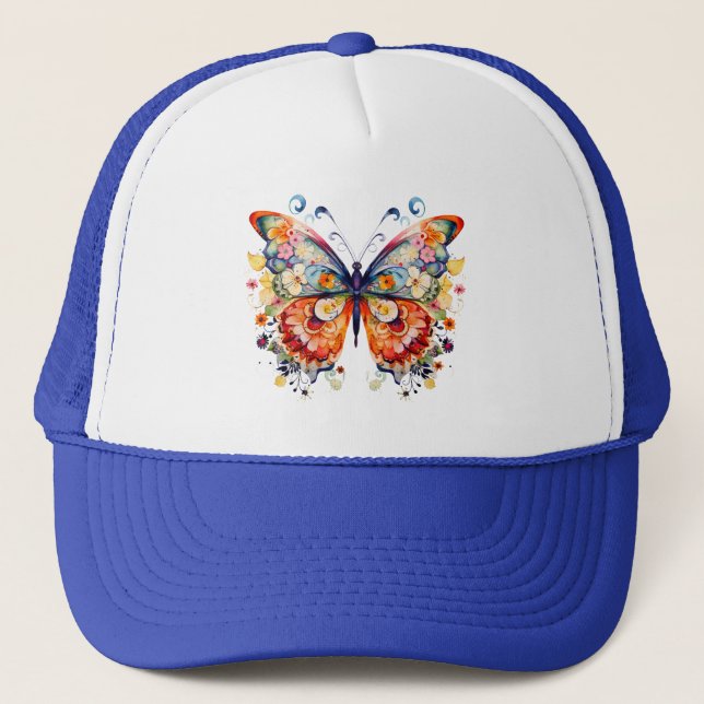 Colourful Floral Retro Butterfly Trucker Hat (Front)