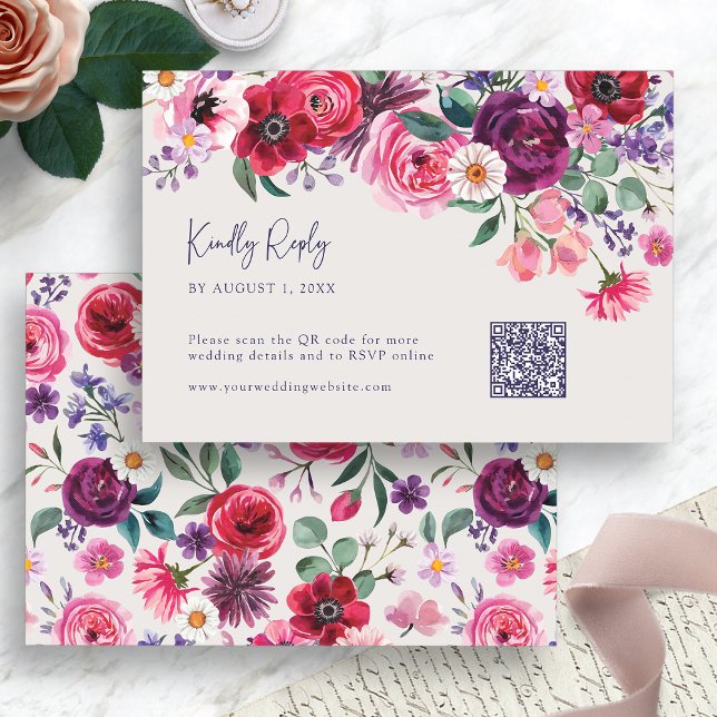 Colourful Floral RSVP Card (Elegant Colorful Watercolor Floral RSVP Card with QR Code by Painted Paperie
)