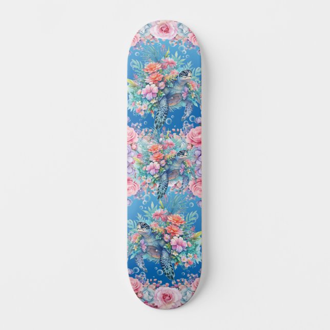 Colourful Floral Sea Turtle Wide Skateboard (Front)
