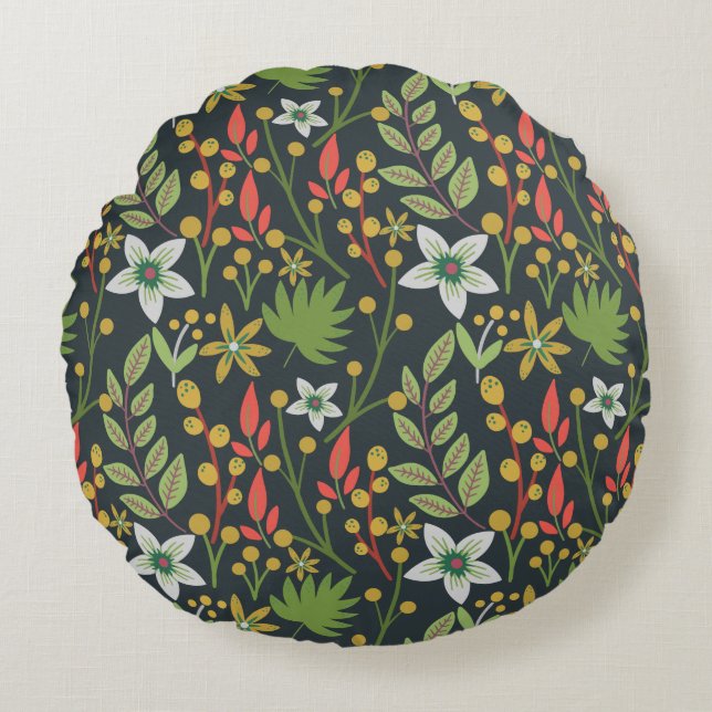 Colourful floral seamless pattern flowers and leav round cushion (Front)