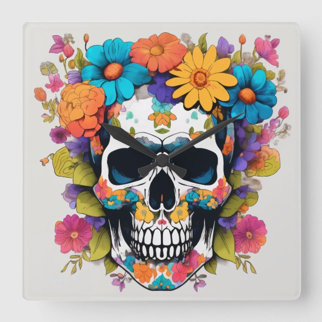 Colourful Floral Skull Square Wall Clock (Front)