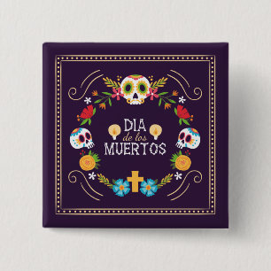 Colourful Floral Skulls Dia de Muertos   Button