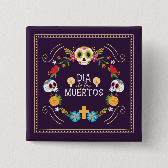 Colourful Floral Skulls Dia de Muertos | Button (Front)