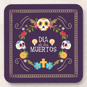 Colourful Floral Skulls Dia de Muertos Coaster
