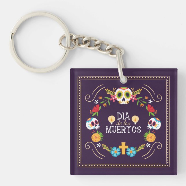 Colourful Floral Skulls Dia de Muertos | Keychain (Front)