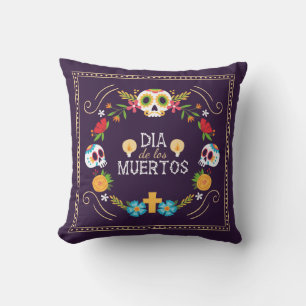 Colourful Floral Skulls Dia de Muertos Throw Cushion