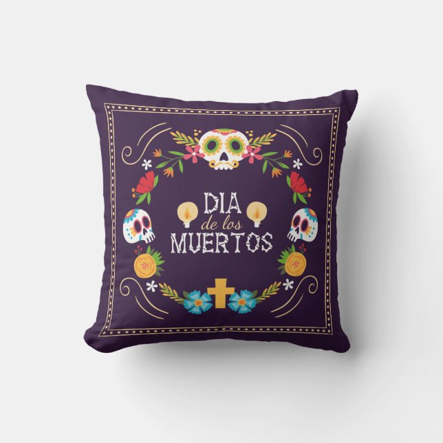 Colourful Floral Skulls Dia de Muertos Throw Pillo Cushion (Front)