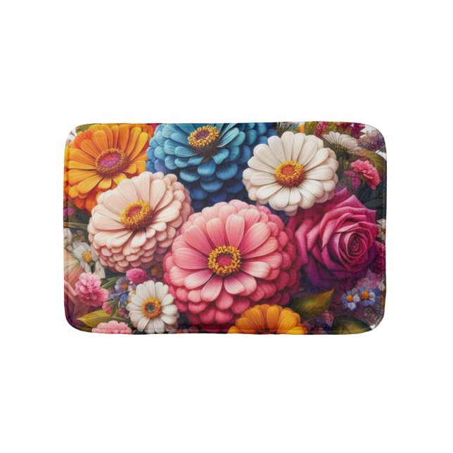 Colourful Floral/Spring Zinnia/Rose Bath Mat (Front)