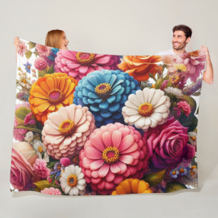Colourful Floral/Spring Zinnia/Rose Fleece Blanket