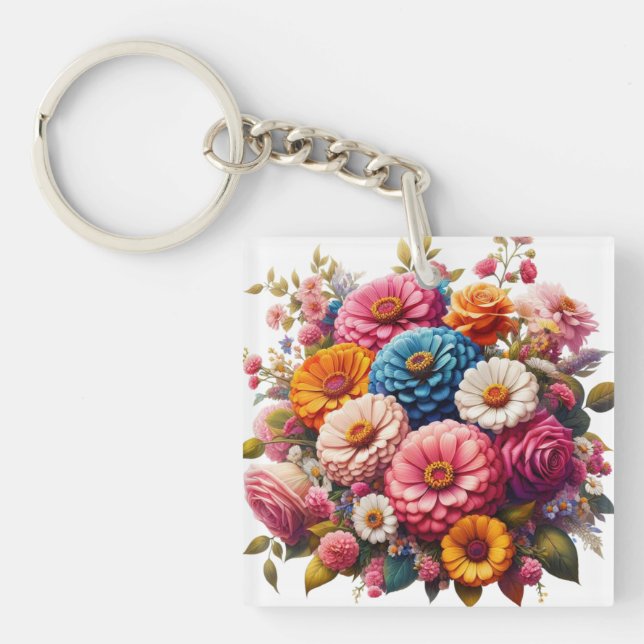 Colourful Floral/Spring Zinnia/Rose Key Ring (Front)