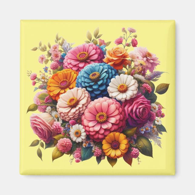 Colourful Floral/Spring Zinnia/Rose Magnet (Front)