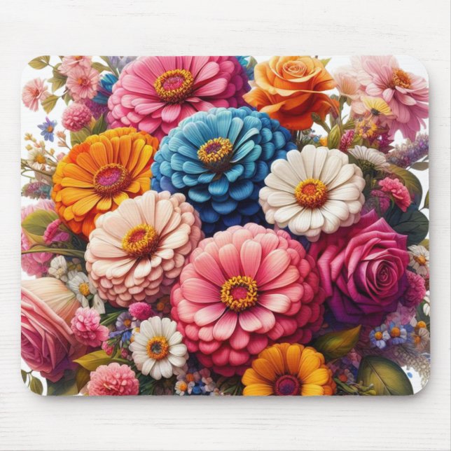 Colourful Floral/Spring Zinnia/Rose Mouse Pad (Front)