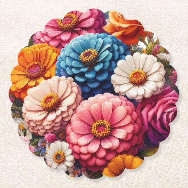 Colourful Floral/Spring Zinnia/Rose Paper Coaster (Front)