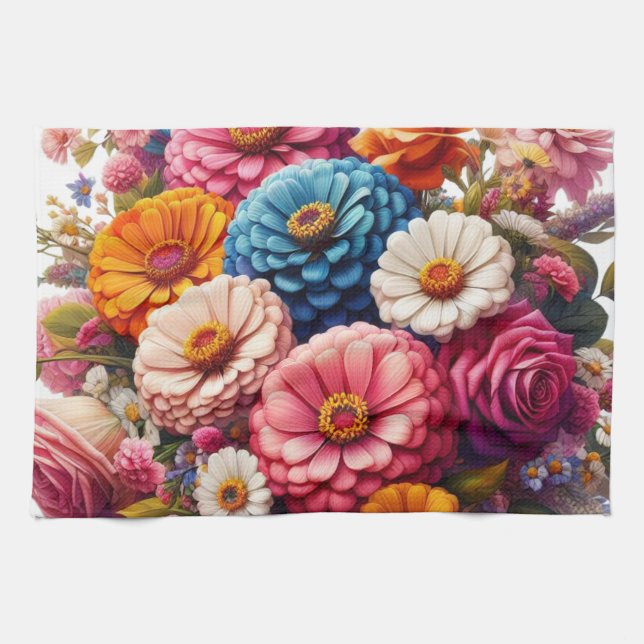 Colourful Floral/Spring Zinnia/Rose Tea Towel (Horizontal)