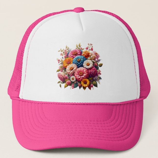 Colourful Floral/Spring Zinnia/Rose Trucker Hat (Front)