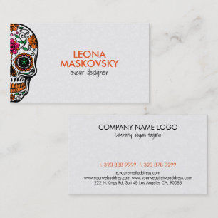 Colourful Floral Sugar Skull 3 & White Background Business Card