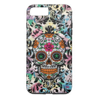 Colourful Floral Sugar Skull & Black Swirls