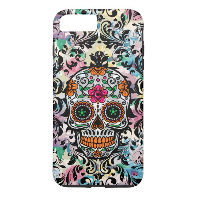 Colourful Floral Sugar Skull & Black Swirls Case-Mate iPhone Case (Back)
