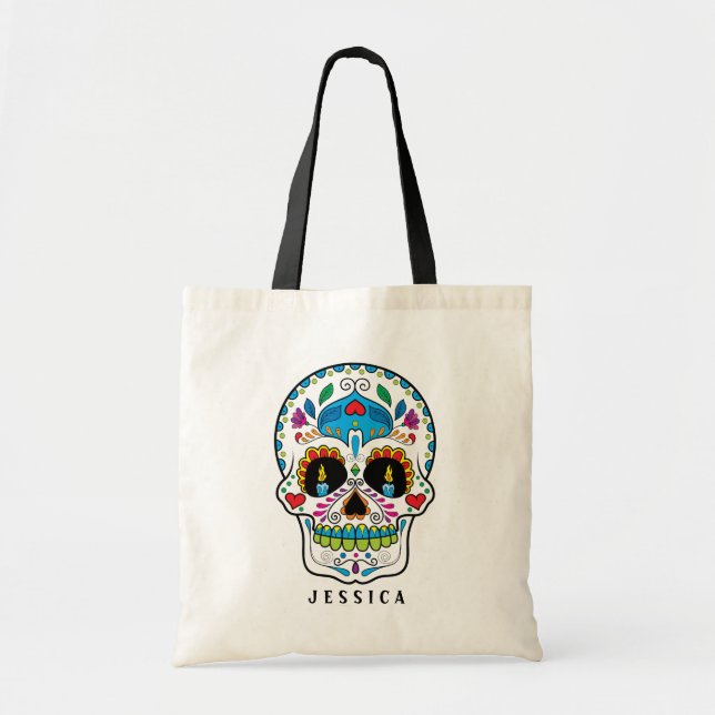 Colourful Floral Sugar Skull Design Tote Bag (Front)