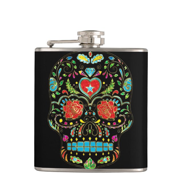 Colourful Floral Sugar Skull Glitter And Gold 2 Hip Flask (Front)
