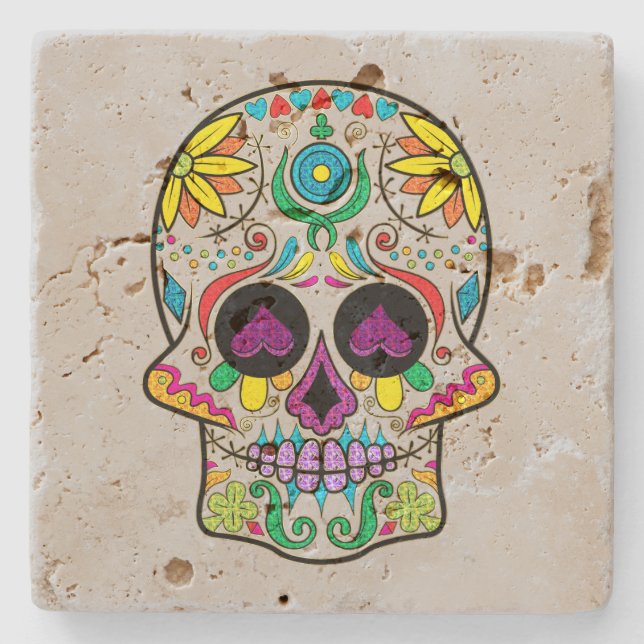 Colourful Floral Sugar Skull Purple Hearts Stone Coaster (Front)