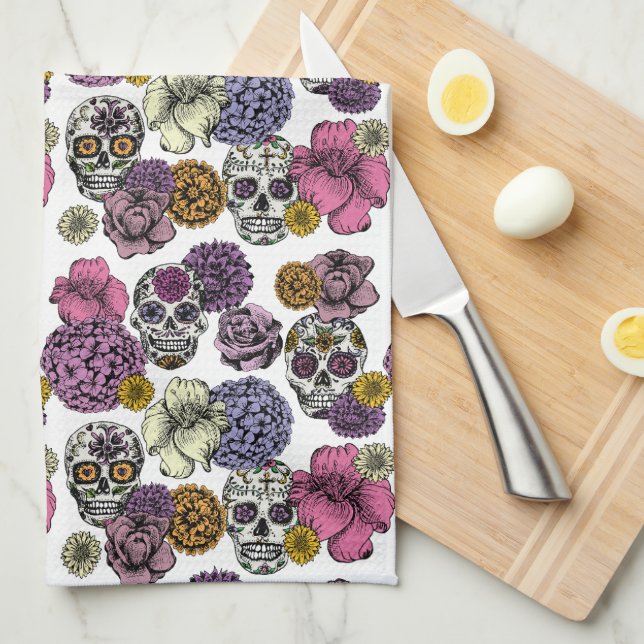 Colourful Floral Sugar Skulls Mexican Tea Towel (Quarter Fold)