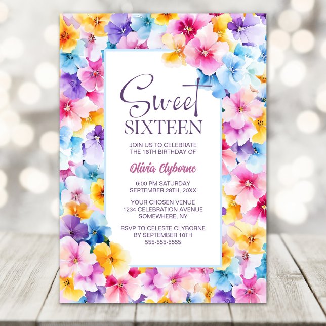 Colourful Floral Sweet 16th Birthday Party Invitation (Creator Uploaded)